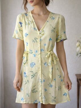 Rouje Pale Yellow Mini Dress with Blue Floral Print